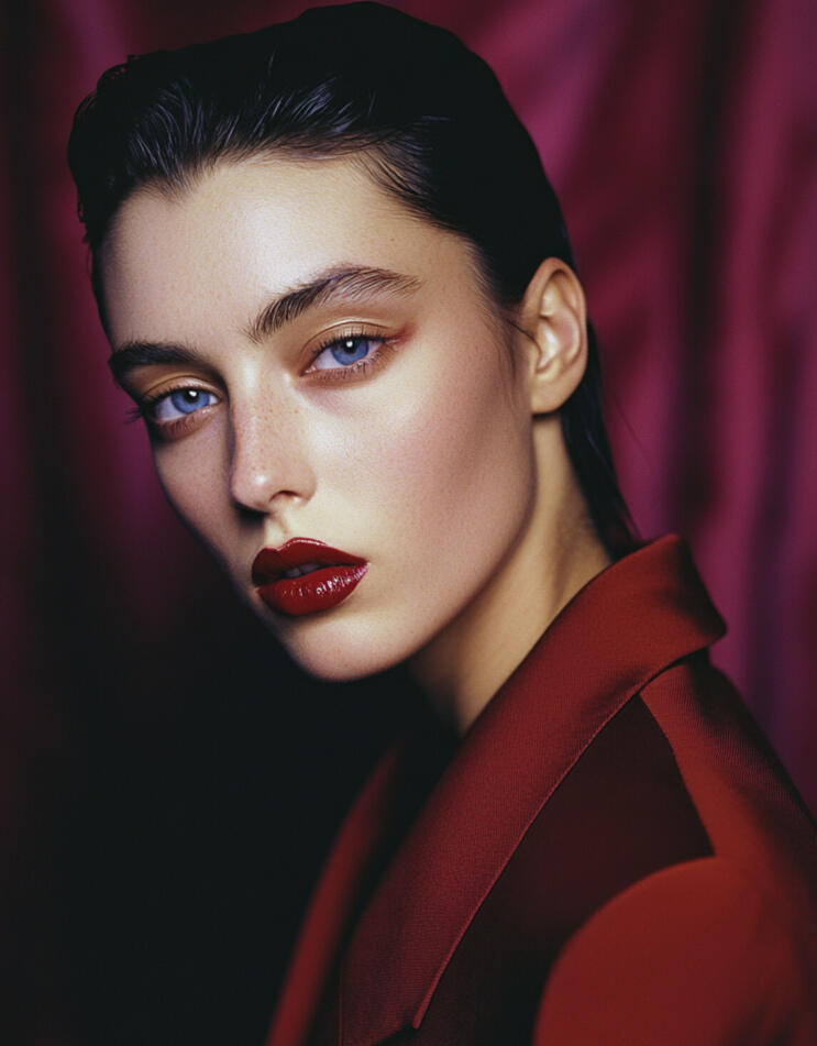 AI-generated close-up portrait of a model with bold red lipstick, sharp brows, and an elegant expression, inspired by high-fashion photography